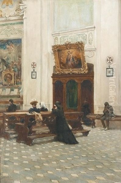 Kircheninterieur Mit Betenden Oil Painting by Gabriel Emile Nicolet