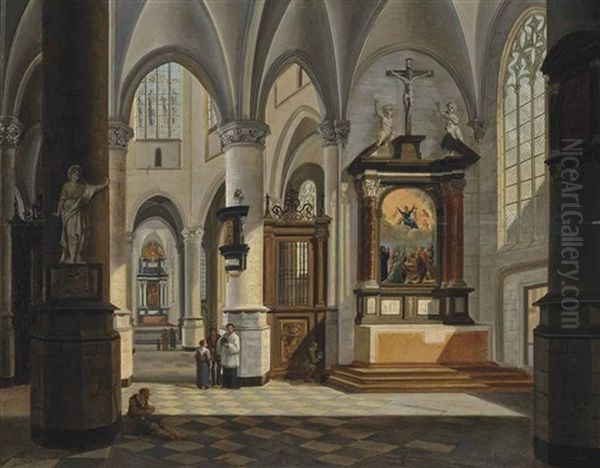 A Church Interior Oil Painting by Josephus Christianus Nicolie