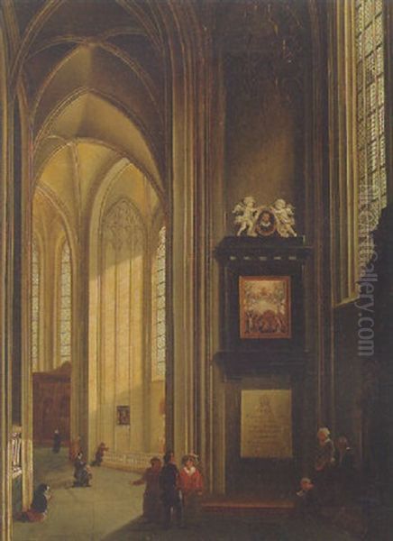 Figures In A Cathedral Interior Oil Painting by Josephus Christianus Nicolie