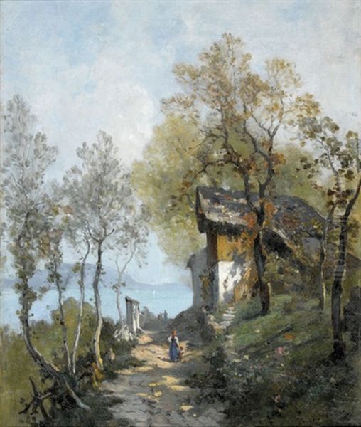 Sonnige Wegpartie Mit Bauerin Und Kind Oil Painting by Francois Louis Fritz Niederhausern