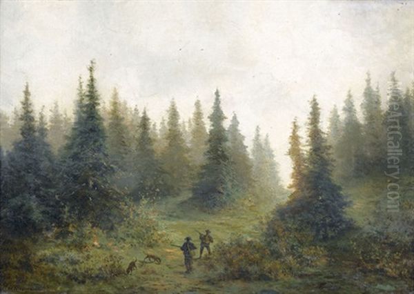 Zwei Jager Mit Hunden Bei Einem Tannenwald Oil Painting by Francois Louis Fritz Niederhausern