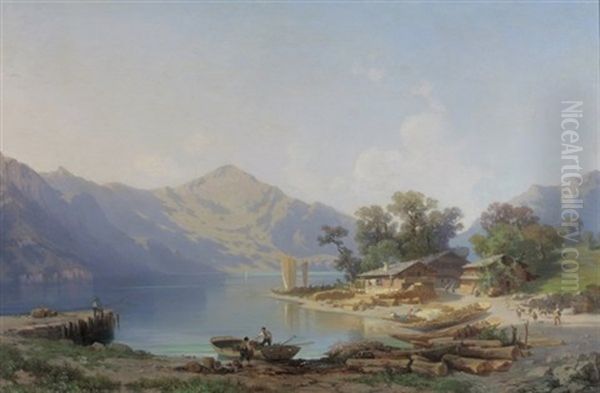 Grosse Vierwaldstattersee-landschaft Mit Dorf Und Figurenstaffage Im Vordergrund Oil Painting by Francois Louis Fritz Niederhausern