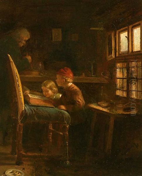 Zwei Kinder Lesen In Einem Folianten Oil Painting by August Heinrich Niedmann