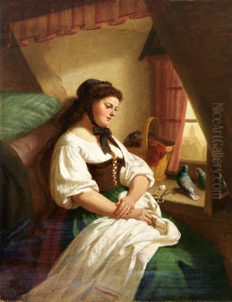 Gedankenverloren. Junges Madchen Bei Der Naharbeit Am Fenster Blickt Auf Taubenparchen Oil Painting by August Heinrich Niedmann