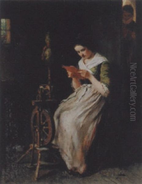 Junge Frau Mit Spinnrad, Einen Brief Lesend Oil Painting by August Heinrich Niedmann