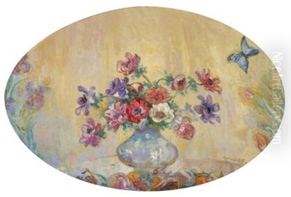 Vase Of Flowers With Butterfly And Mixed Flowers (2 Works) Oil Painting by Maurits Niekerk