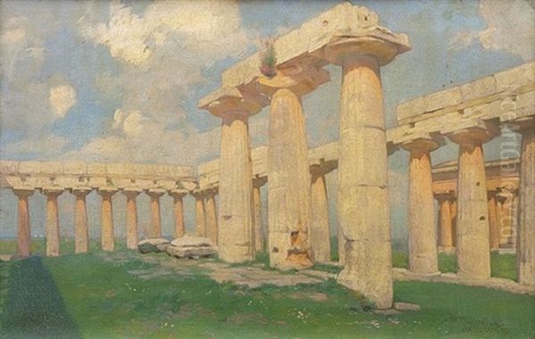 Blick Auf Die Tempelanlage In Paestum Oil Painting by Wilhelmine Charlotte Niels