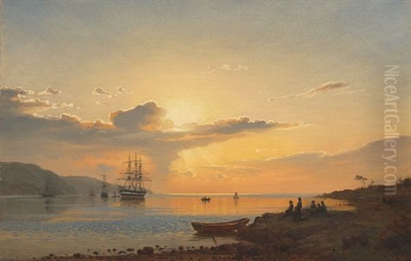 Solnedgang Ved Fjorden Oil Painting by Amaldus Clarin Nielsen