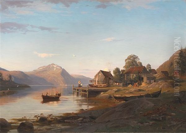 Fjordlandskap Fra Rognaldsvag I Kinn Oil Painting by Amaldus Clarin Nielsen