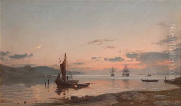 Fjordlandskap Med Bater Oil Painting by Amaldus Clarin Nielsen