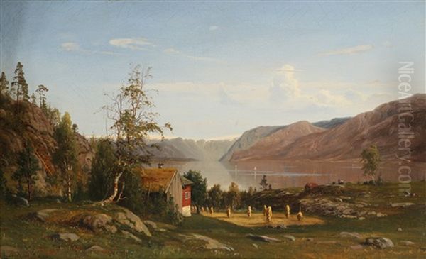 Fjordlandskap Med Gard Oil Painting by Amaldus Clarin Nielsen