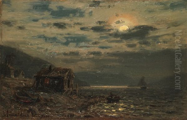 Ved Djonne (hardanger) - Kustlandskap Med Stuga I Mansken Oil Painting by Amaldus Clarin Nielsen