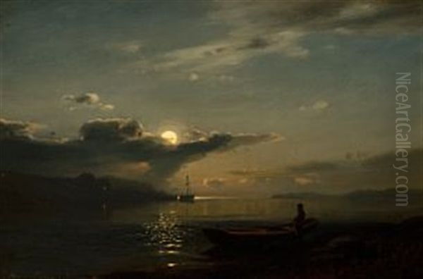 Maaneskinn Over Bankefjord Seet Fra Saanum (ved Mandal) Oil Painting by Amaldus Clarin Nielsen