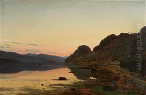 Aftenstemning, Skogsfjord, Mandal Oil Painting by Amaldus Clarin Nielsen