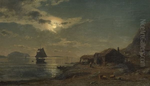 Kystlandskap I Maneskinn Oil Painting by Amaldus Clarin Nielsen