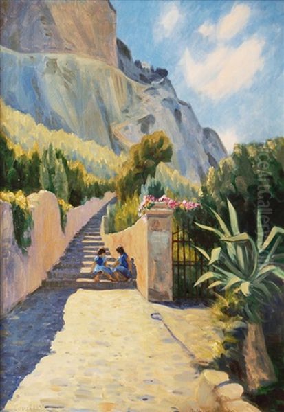 Children Playing On Capri Oil Painting by Arthur Nielsen