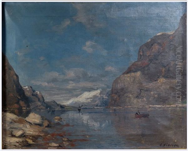 Mountain Lake, Man In Row Boat Oil Painting by Carl Nielsen