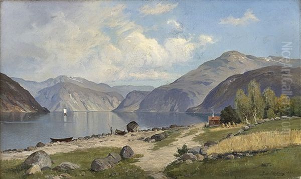 Fjordlandskap Med Folkeliv Oil Painting by Carl Nielsen