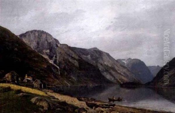 Fjordlandskap Med Bebyggelse Oil Painting by Carl Nielsen