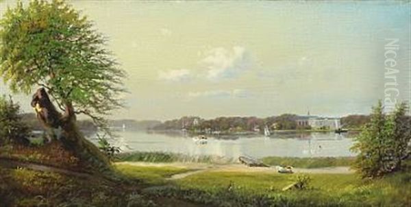 Danish Summer Landscape With Boats And Steams On The Water In The Background Soro Academy Oil Painting by Carl Nielsen