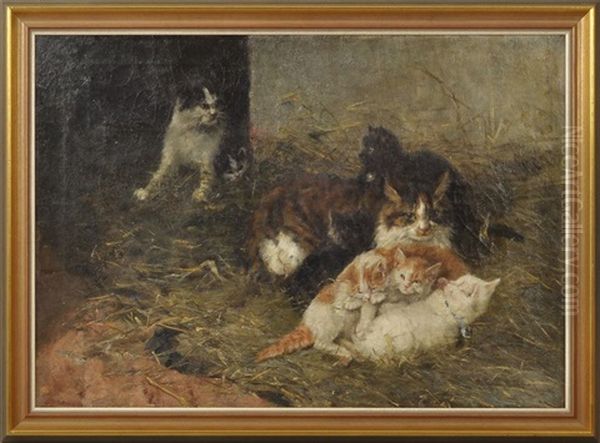 Katze Mit Jungen Im Heu Oil Painting by Clemence Nielssen