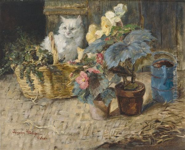 Weise Perserkatze Mit Begonienbluten Und Korb Oil Painting by Clemence Nielssen