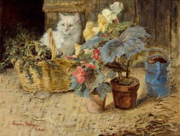 Katze Im Korb Und Blumentopfe Oil Painting by Clemence Nielssen