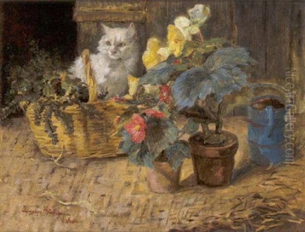 Katze Im Korb Und Blumentopfe Oil Painting by Clemence Nielssen