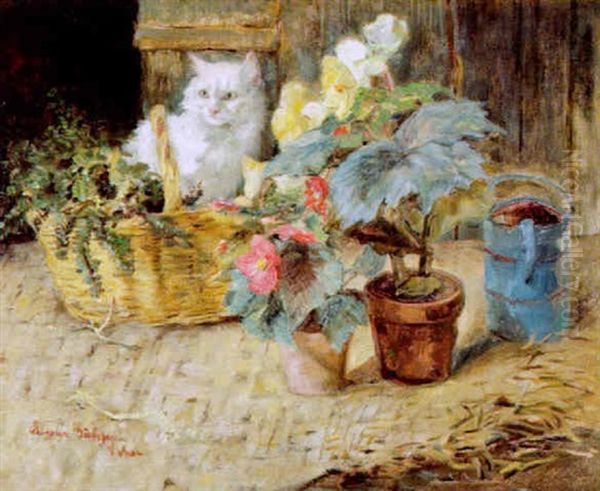 Katze Im Korb Und Blumentopfe Oil Painting by Clemence Nielssen