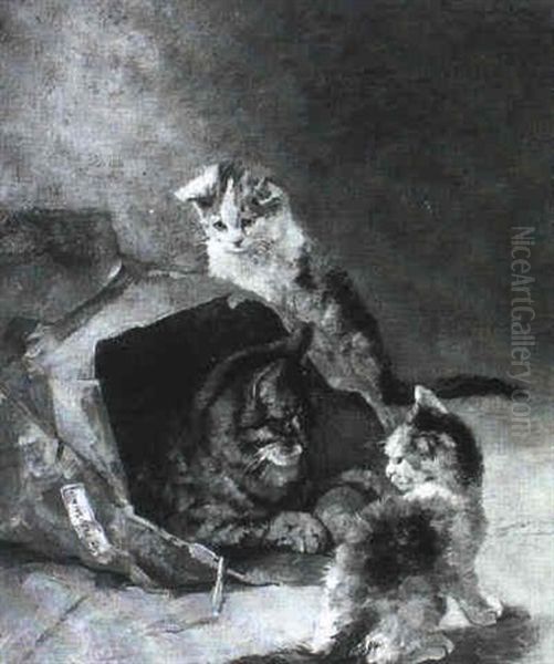 Eine Katzenmutter Spielt Mit Ihren Zwei J_ngsten Oil Painting by Clemence Nielssen