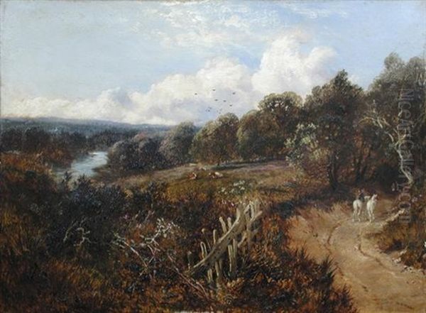 A Drover With Two Grey Horses On A Country Road, A River Beyond Oil Painting by Edmund John Niemann