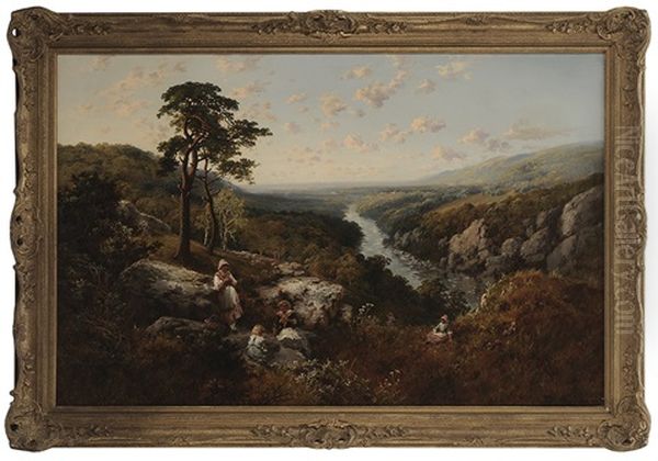 View At Richmond, Yorkshire, With Women And Children On A Grassy Outcropping Oil Painting by Edmund John Niemann