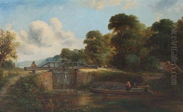 A Boat Along A Canal Oil Painting by Edmund John Niemann