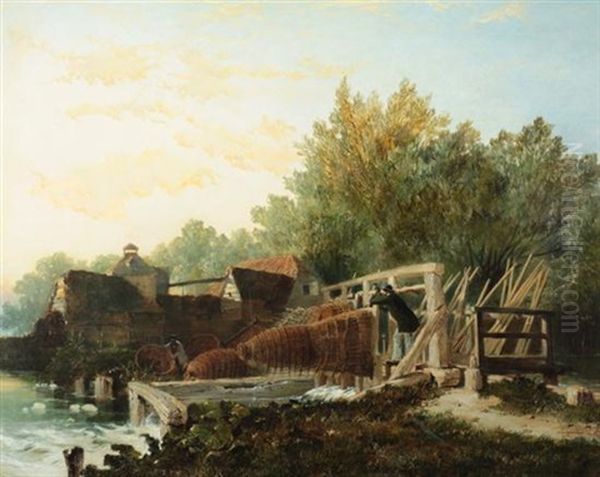 Bucks Damaged By Flood Mapledurham Berks Morning Oil Painting by Edmund John Niemann