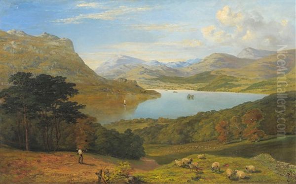 Lake District Landscape With A Woodman On A Sunlit Path Oil Painting by Edmund John Niemann