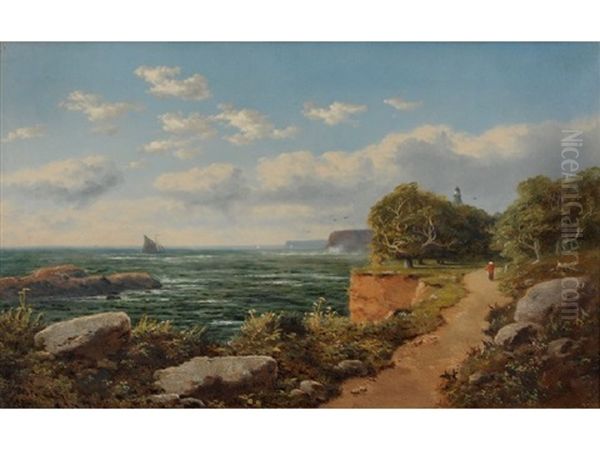 View Across A Bay, A Figure On A Path In The Foreground by Edmund John Niemann