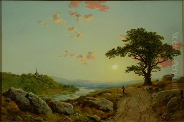 Figure On A Path With An Abbey Beyond (+ Another; Pair) Oil Painting by Edmund John Niemann