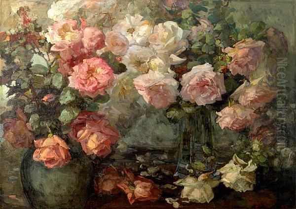 Pink And White Roses In Vases On A Table Oil Painting by Franz Bischoff