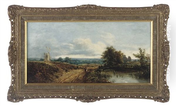 Figure On A Country Track By A River, A Windmill Beyond Oil Painting by Edmund John Niemann