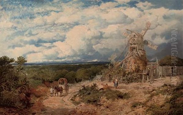 Figures Before A Windmill, Near Nottingham Oil Painting by Edmund John Niemann