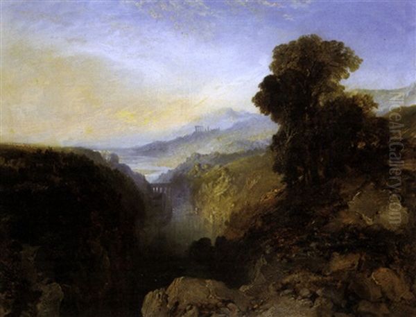 Italianate Mountainous River Landscape (+ Another, Similar; 2 Works) Oil Painting by Edmund John Niemann