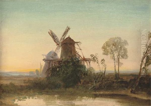 Windmills At Sunset Oil Painting by Edmund John Niemann