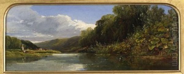 Herders And Cattle On The Banks Of A River Oil Painting by Edmund John Niemann