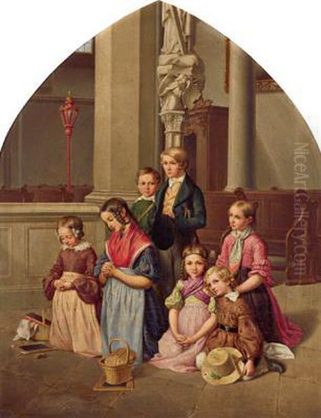 Bambini In Preghiera Oil Painting by Friedrich Bischoff