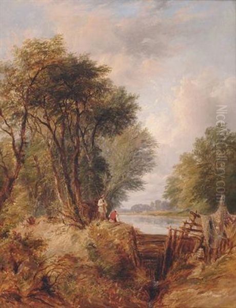 Fishermen By A Dam Oil Painting by Edmund John Niemann