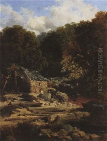 Fisherman By A Waterfall Oil Painting by Edmund John Niemann