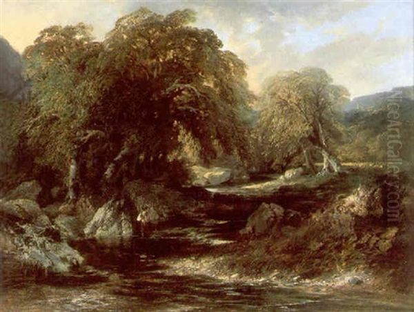 Man Fishing Within A Wooded River Landscape Oil Painting by Edmund John Niemann