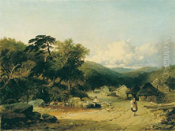 A Mountainous Landscape With A Mining Village In The Distance Oil Painting by Edmund John Niemann