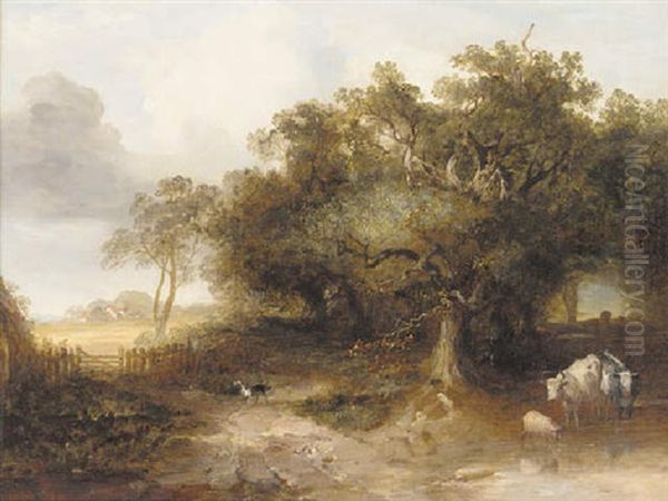 Cattle And A Sheep Watering In A Wooded Landscape, Lane End, Buckinghamshire Oil Painting by Edmund John Niemann