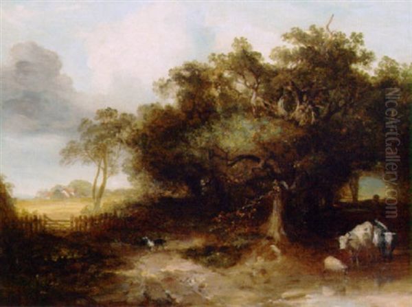 Cattle And A Sheep Watering In A Wooded Landscape, Lane End, Buckinghamshire Oil Painting by Edmund John Niemann